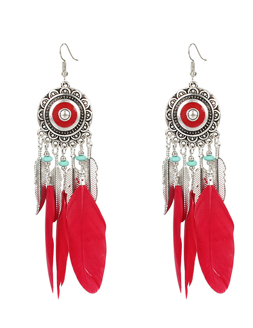 Fashion Red Alloy Feather Round Tassel Earrings