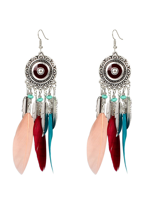 Fashion Color Mixing Alloy Feather Round Tassel Earrings
