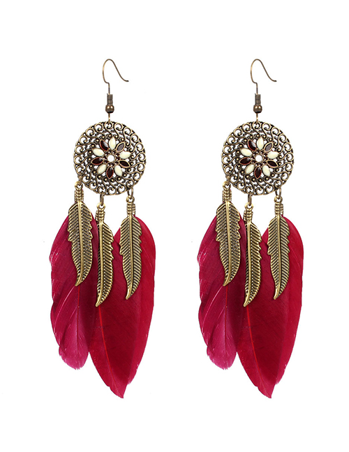Fashion Red Alloy Flower Feather Tassel Earrings