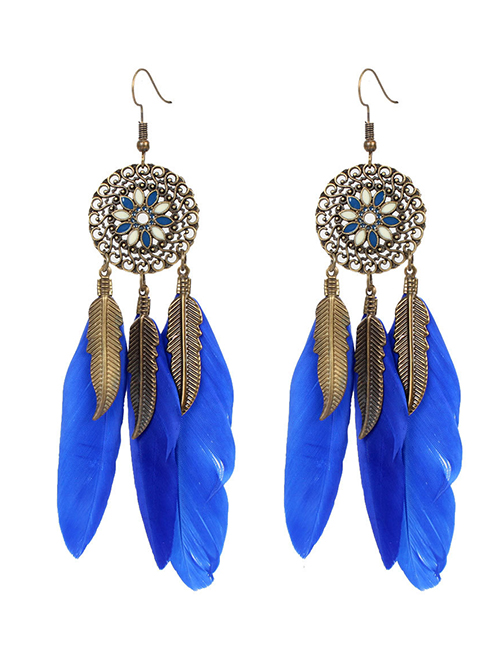 Fashion Blue Alloy Flower Feather Tassel Earrings