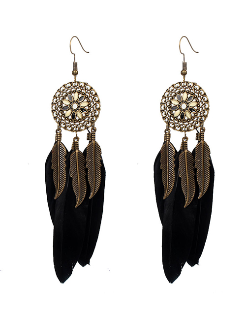Fashion Black Alloy Flower Feather Tassel Earrings