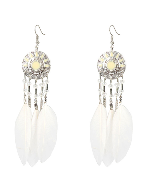 Fashion White Feather Round Oil Drop Sun Flower Earrings