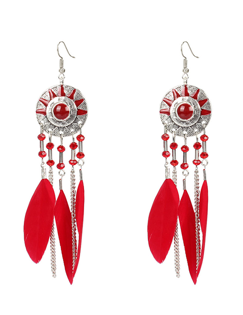 Fashion Red Feather Round Oil Drop Sun Flower Earrings