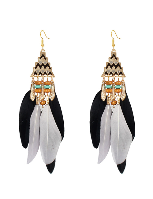 Fashion Black Triangle Feather Long Tassel Alloy Earrings