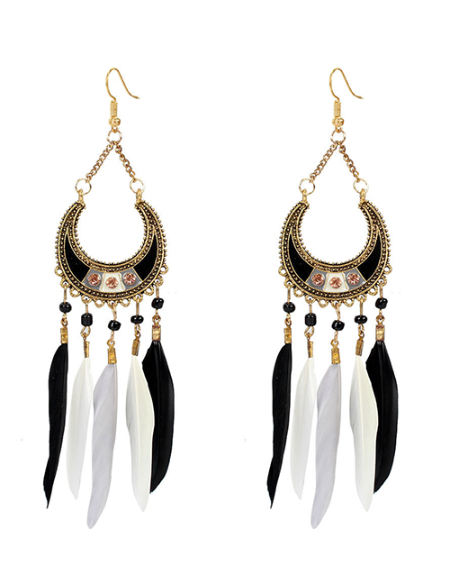 Fashion Black And White Feather Tassel Long Beaded Earrings