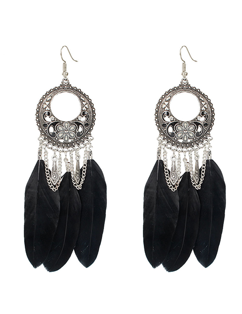 Fashion Black Alloy Flower Feather Tassel Drip Earrings