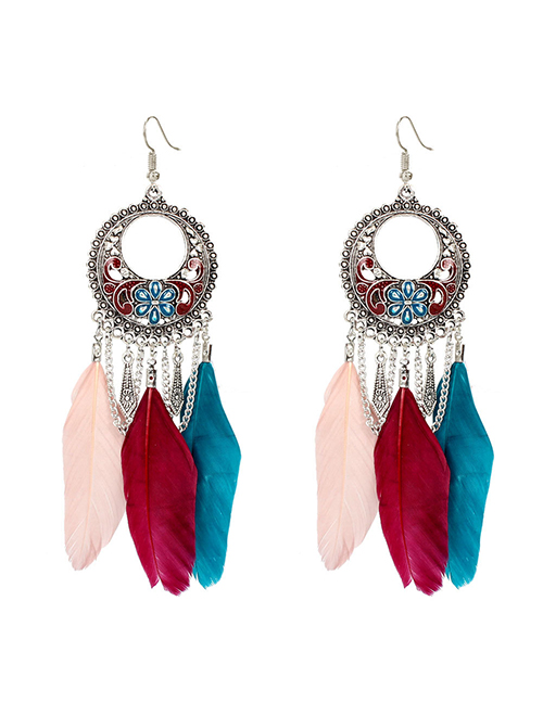Fashion Color Mixing Alloy Flower Feather Tassel Drip Earrings