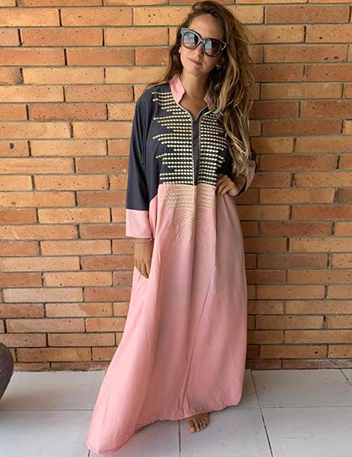 Fashion Dark Gray With Powder Loose Long Skirt Embroidered Loose Dress Long Skirt Blouse