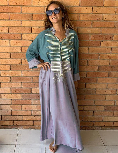 Fashion Green With Gray Loose Long Skirt Embroidered Loose Dress Long Skirt Blouse