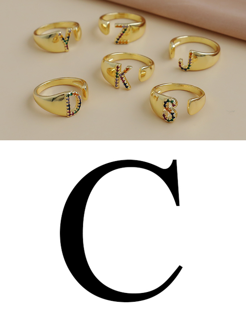 Fashion C 26 Letters Open Ring With Copper Inlaid Zircon
