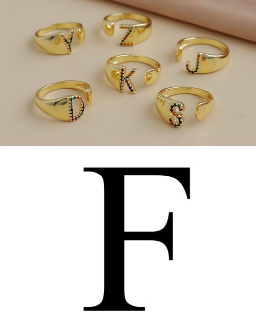 Fashion F 26 Letters Open Ring With Copper Inlaid Zircon