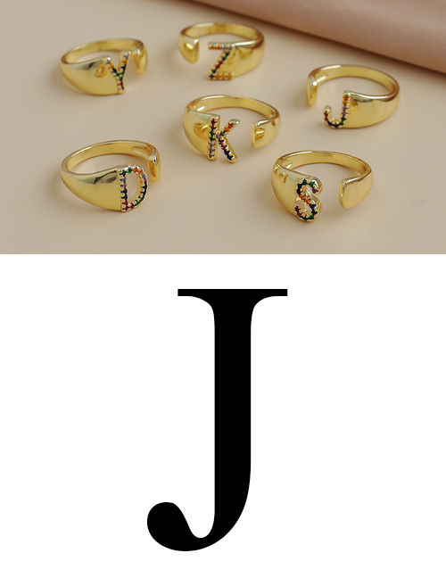 Fashion J 26 Letters Open Ring With Copper Inlaid Zircon