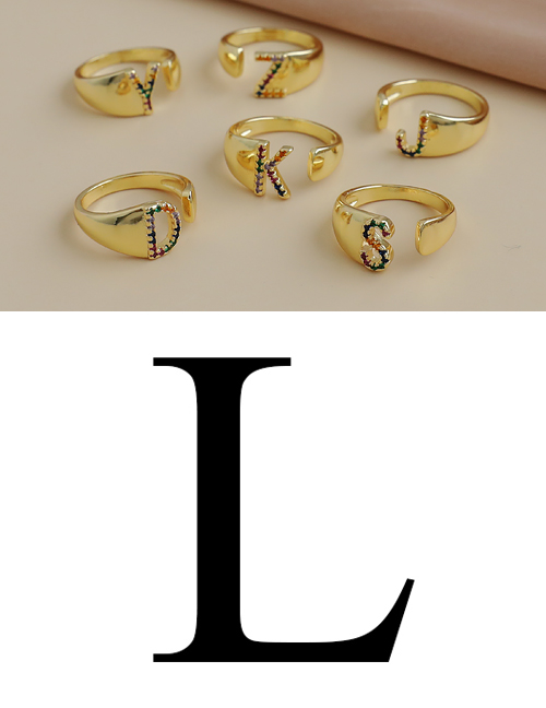 Fashion L 26 Letters Open Ring With Copper Inlaid Zircon
