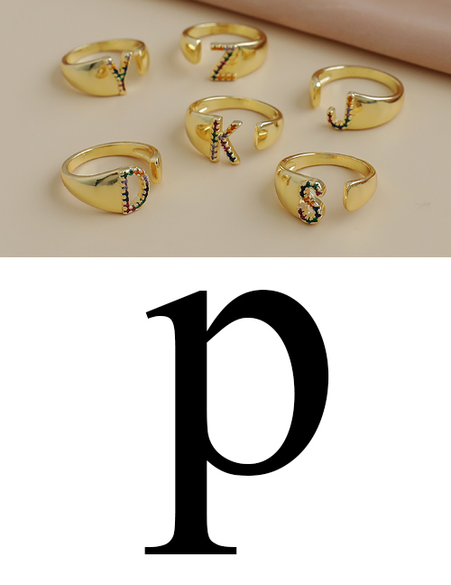 Fashion P 26 Letters Open Ring With Copper Inlaid Zircon