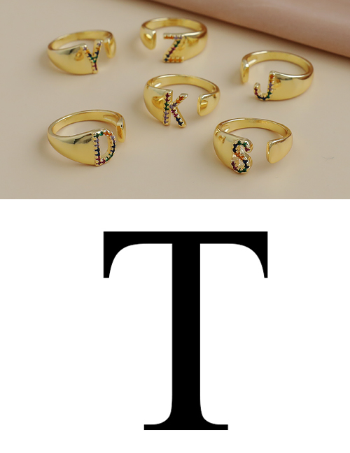 Fashion T 26 Letters Open Ring With Copper Inlaid Zircon
