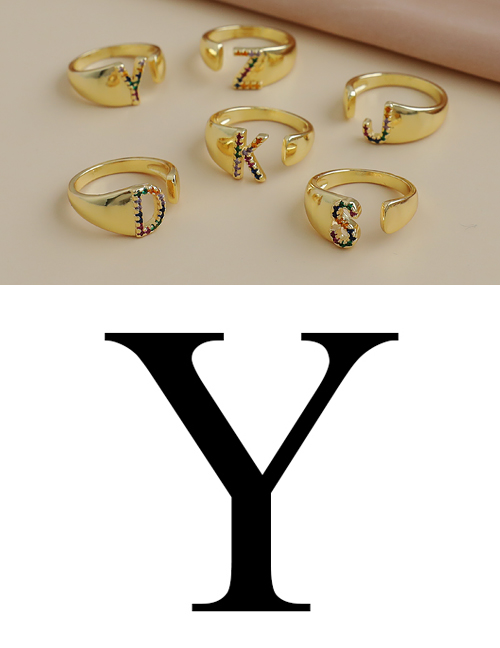 Fashion Y 26 Letters Open Ring With Copper Inlaid Zircon