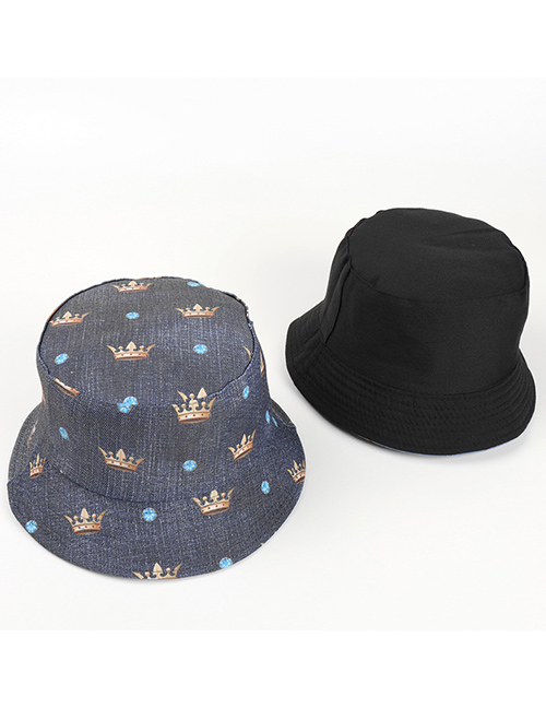 Fashion Dark Blue Cowboy Double-sided Crown Diamond Print Fisherman Hat