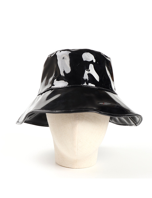 Fashion Black Pu Leather Bright Big Brim Flat Top Fisherman Hat