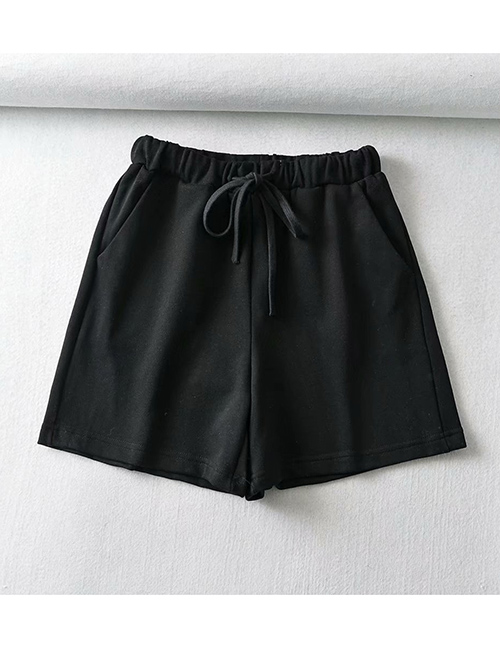 Fashion Black Lace-up Elastic Waist Straight Shorts