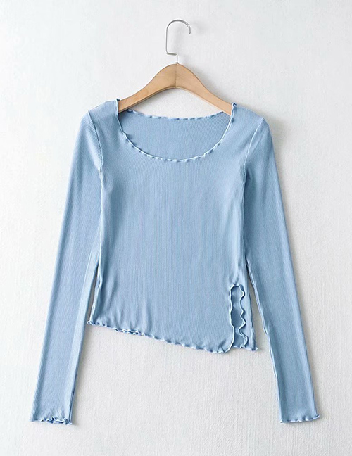Fashion Blue Irregular Slit Close-knit Long-sleeved T-shirt Top