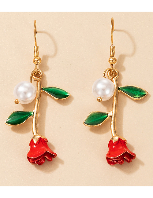 Fashion Red Rose Flower Three-dimensional Pearl Earrings