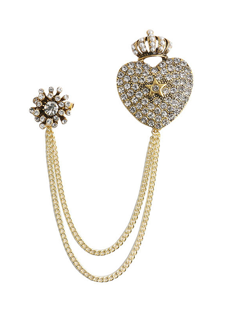 Fashion Golden Flash Diamond Love Heart Crown Brooch Chain