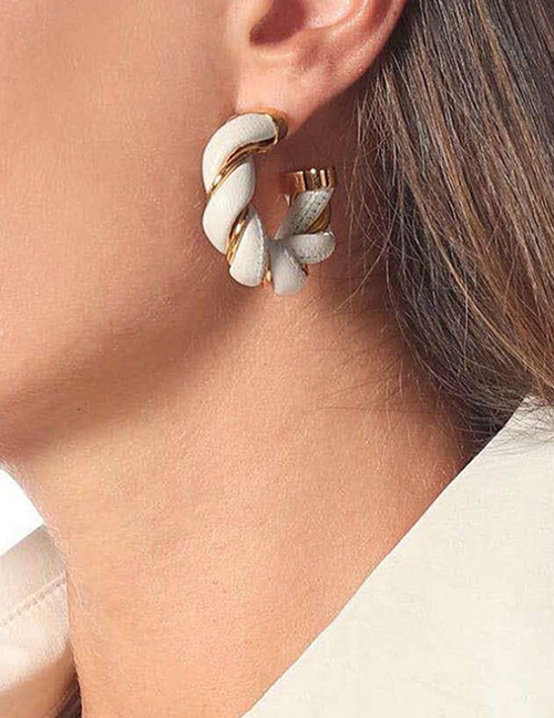 Fashion White Bv Twist Braided Winding Leather Metal Earrings
