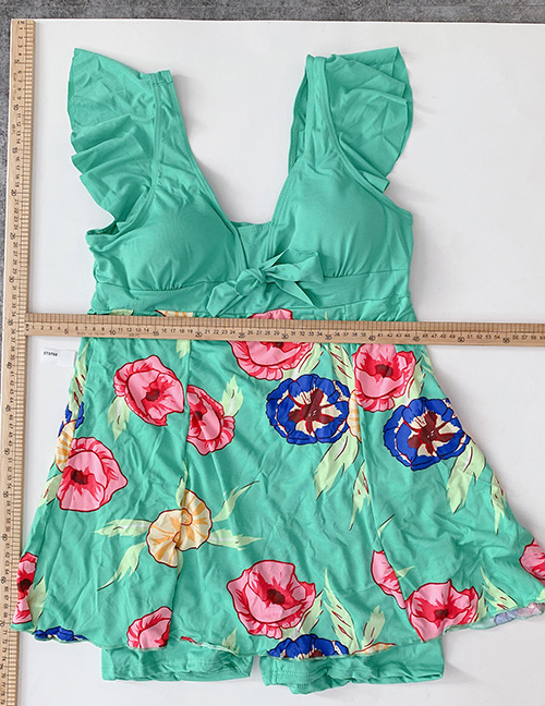 Fashion Green Split Print Ruffle Shorts Top Swimsuit