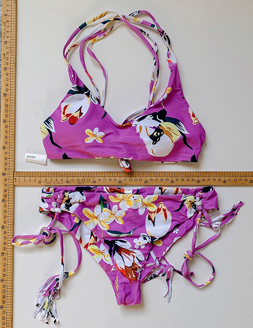 Fashion Purple Split Print Tether Swimsuit