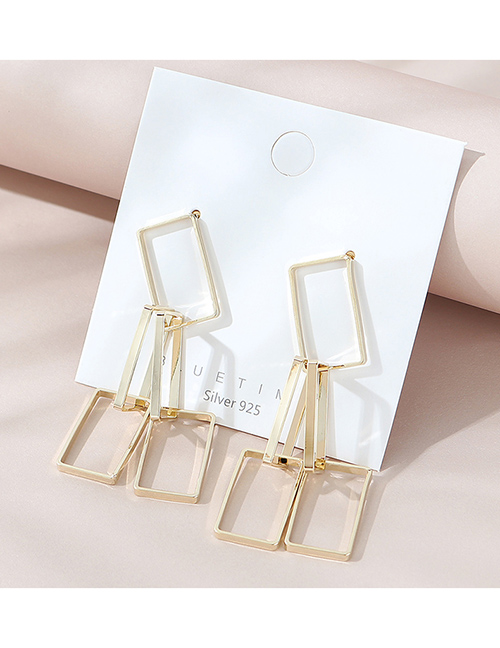 Fashion Golden Real Gold Plated Rectangular Cutout Tassel Earrings