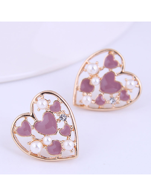 Fashion Purple Contrasting Love Heart Drop Oil Pearl Alloy Stud Earrings