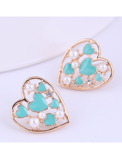Fashion Blue Contrasting Love Heart Drop Oil Pearl Alloy Stud Earrings