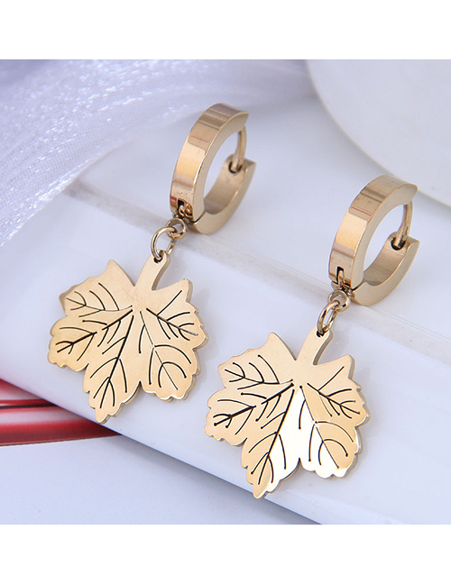 Fashion Gold Color Titanium Steel Maple Leaf Geometric Stud Earrings