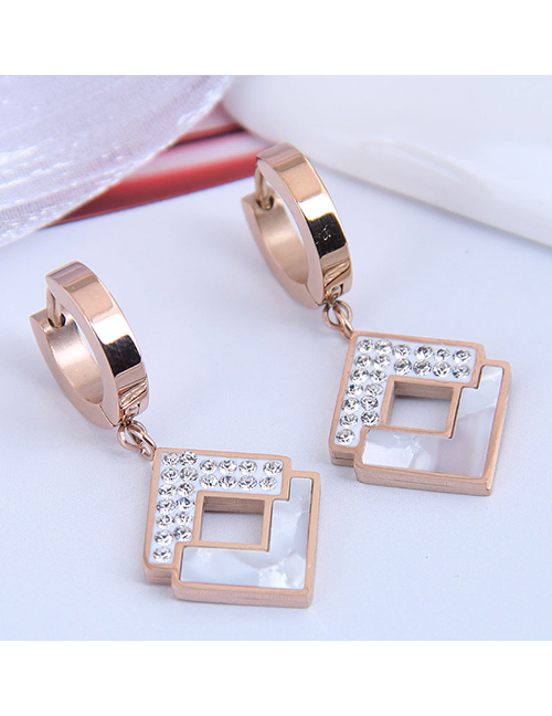 Fashion White Titanium Steel Diamond Geometric Square Earrings