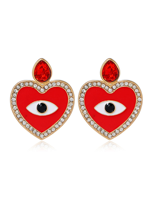 Fashion Red Love Heart Dripping Oil Diamond Alloy Earrings