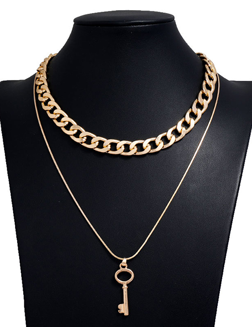 Fashion Gold Color Key Alloy Double Chain Necklace