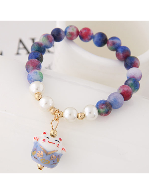 Fashion Planet Color Glass Crystal Beaded Ceramic Lucky Cat Bracelet