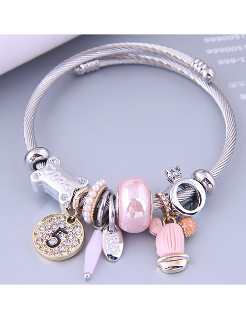 Fashion Pink Metal Round Number Seaweed Flower Multi-element Bracelet