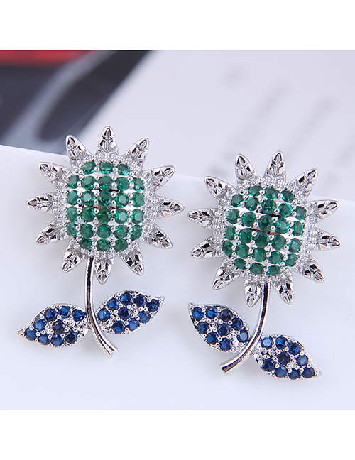 Fashion Green Copper Inlaid Zirconium Sun Flower Earrings