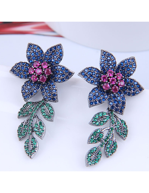 Fashion Blue Copper Inlaid Zirconium Flower And Leaf Earrings