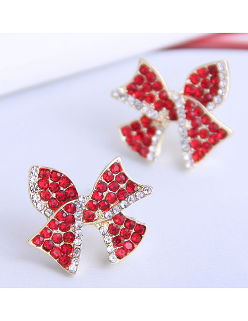 Fashion Red Metal Flash Diamond Bow Stud Earrings