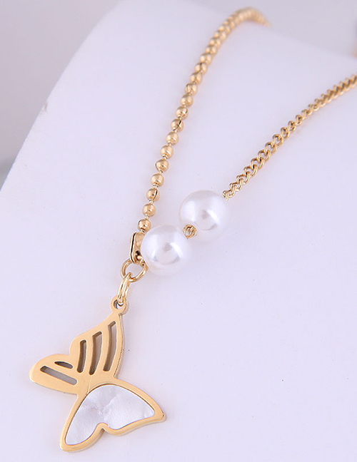 Fashion Gold Color Titanium Steel Butterfly Pearl Necklace
