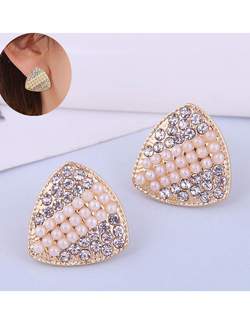 Fashion Gold Pearl Rhinestone Triangle Stud Earrings