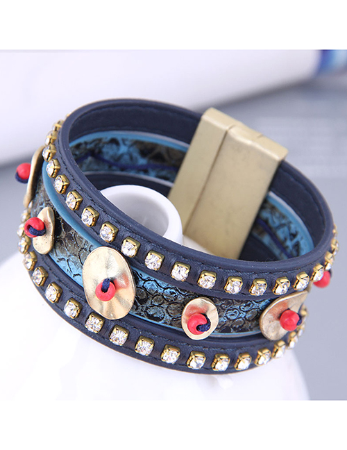 Fashion 2# Metal Rhinestone Leather Magnetic Clasp Bracelet