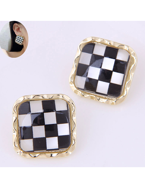 Fashion Gold Color Titanium Steel Checkerboard Square Earrings