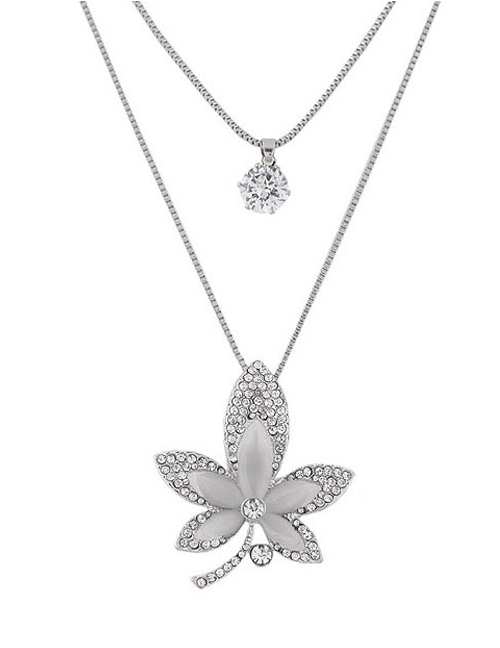 Fashion Silver Metal Glitter Diamond Maple Leaf Double Necklace