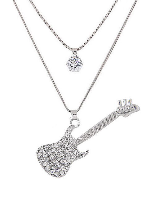 Fashion Silver Metal Flash Diamond Guitar Double Necklace