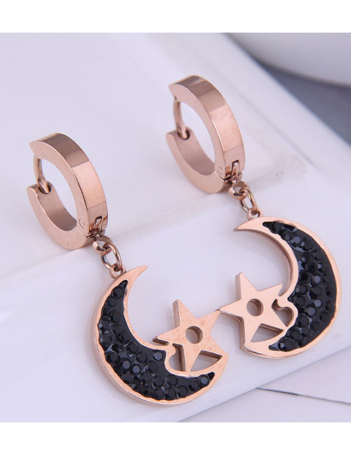 Fashion Black-rose Gold Titanium Steel Diamond-studded Star And Moon Earrings