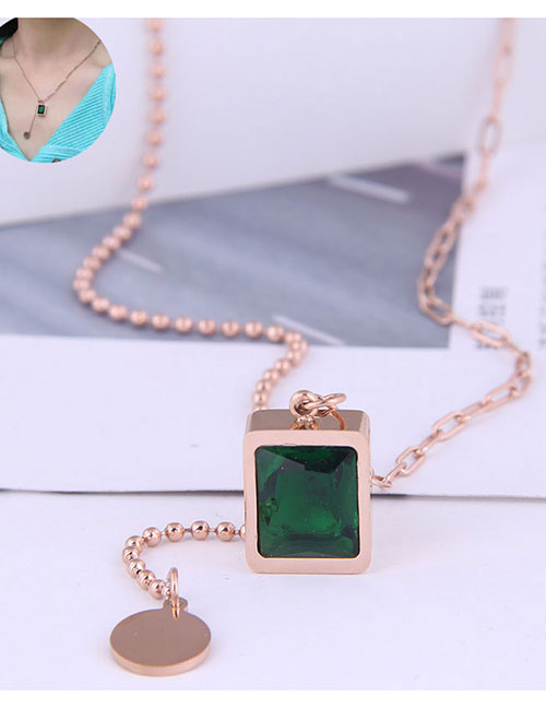 Fashion Green-rose Gold Titanium Steel Necklace With Square Diamonds