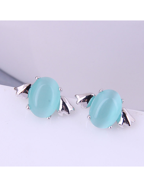 Fashion Blue Pure Copper Oval Cat Eye Stud Earrings